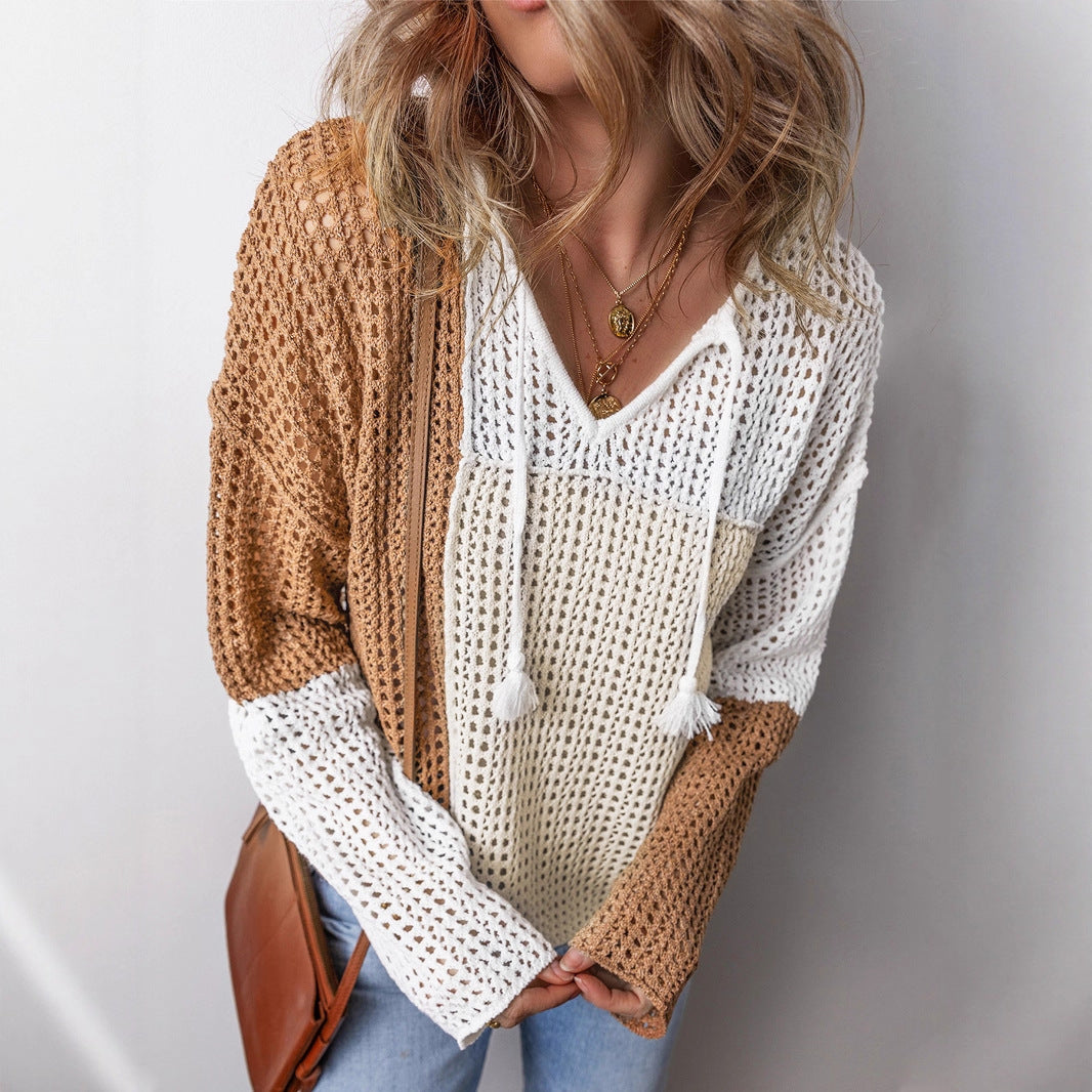 Damen luftiger Strickpullover mit modernem Netzstruktur-Design und dekorativen Kordeln Sovae