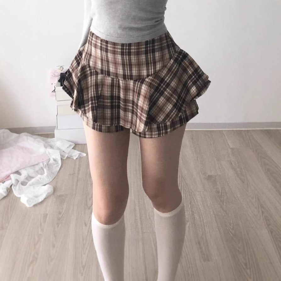 Damen Verspielter Karorock mit integrierten Shorts und hohem Bund Sovae