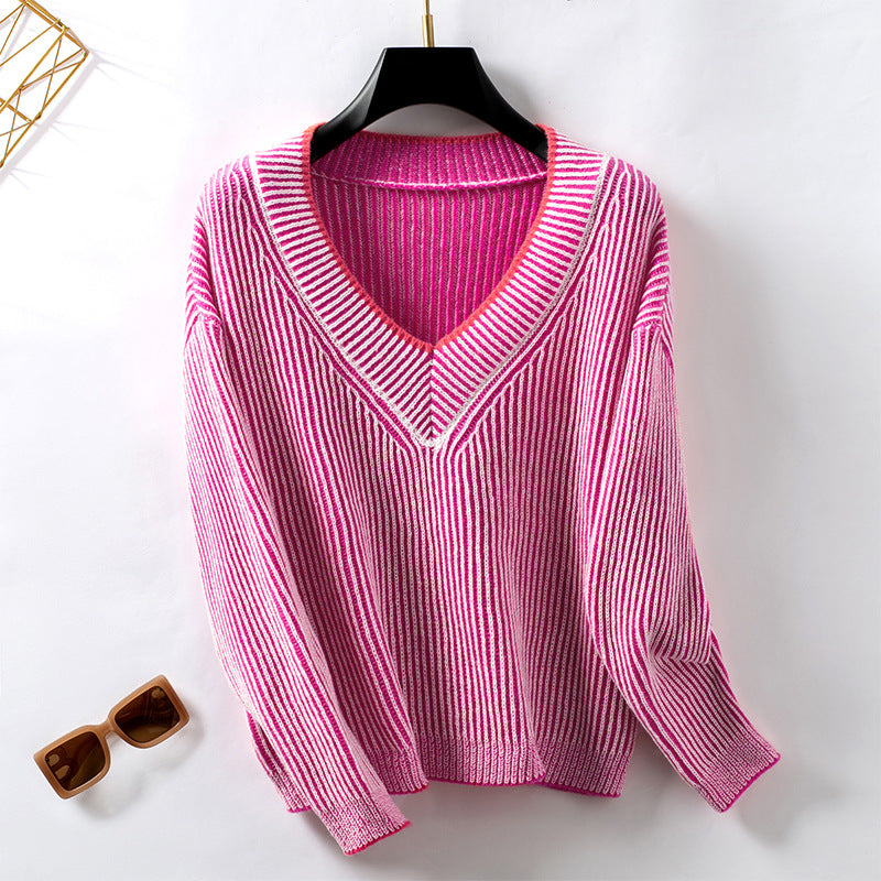 Damen Strickpullover mit V-Ausschnitt und gestreiftem Design Sovae