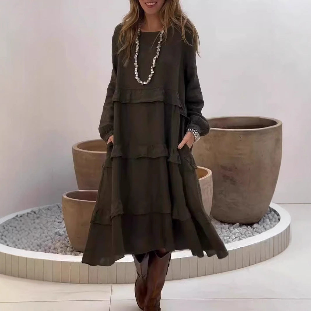 Damen luftiges Leinen-Midikleid mit Rüschendetails Sovae