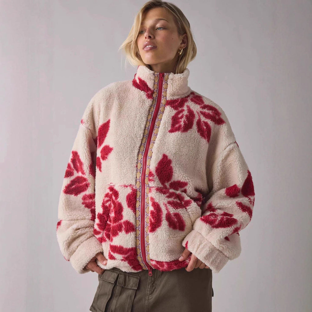 Damen Teddy-Fleece-Jacke mit floralem Muster und höherem Kragen Sovae