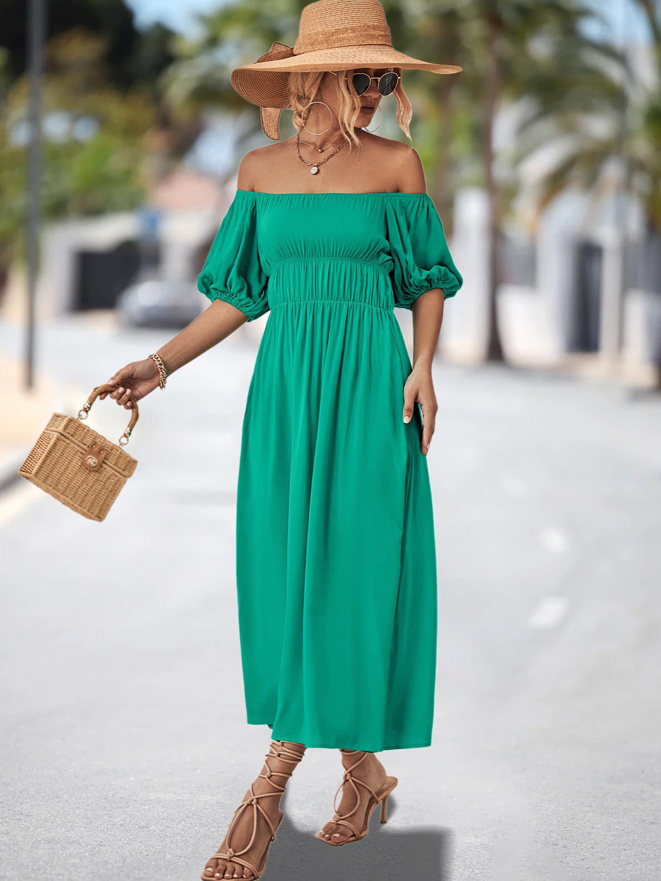 Damen Off-Shoulder Maxikleid mit voluminösen Puffärmeln und elastischem Taillenband Sovae
