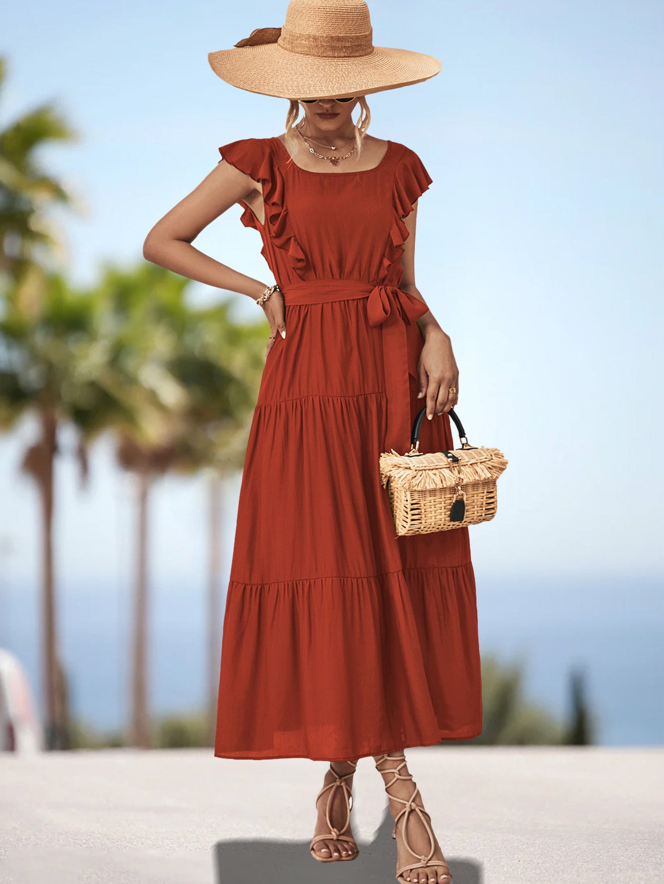Damen Maxikleid mit Rüschendetails und tailliertem Gürtel Sovae