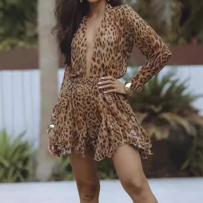 Damen Kurzarmkleid mit Leopardenmuster und fließendem Saum Sovae