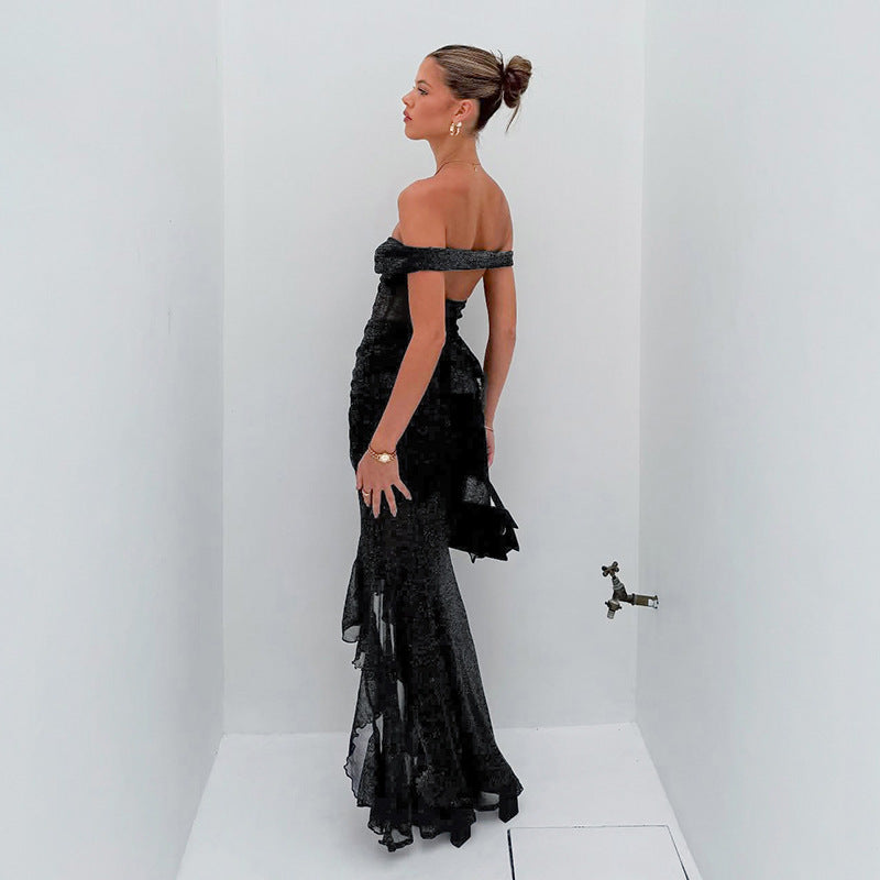 Damen verführerisches Abendkleid mit asymmetrischem Schnitt und schulterfreier Optik Sovae