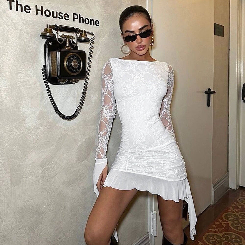 Damen Spitzen-Minikleid mit transparenten Ärmeln und fließendem Rock Sovae