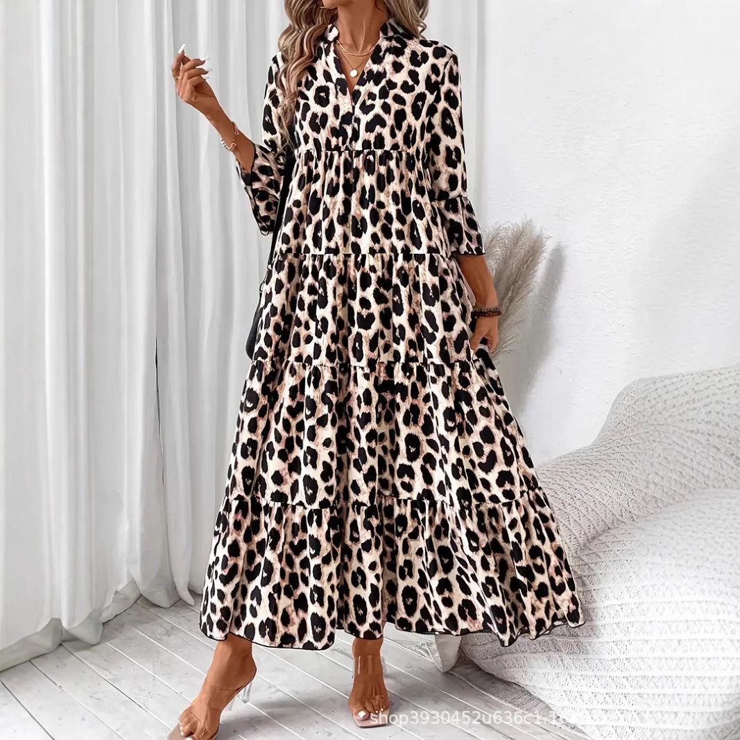 Damen Tiermuster Maxikleid mit voluminösen Puffärmeln Sovae
