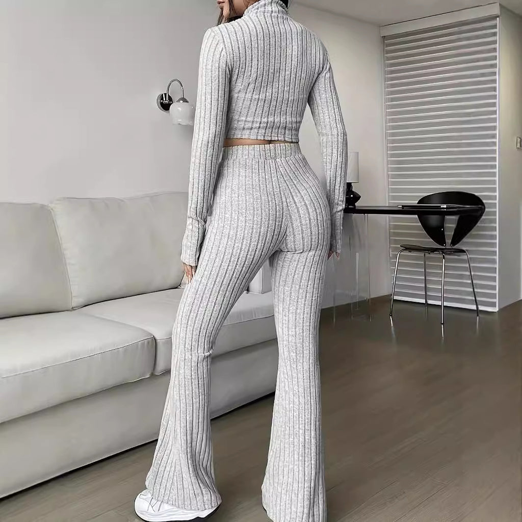 Damen Strick-Loungewear-Set mit cropped Oberteil und weit geschnittenen Hosen Sovae