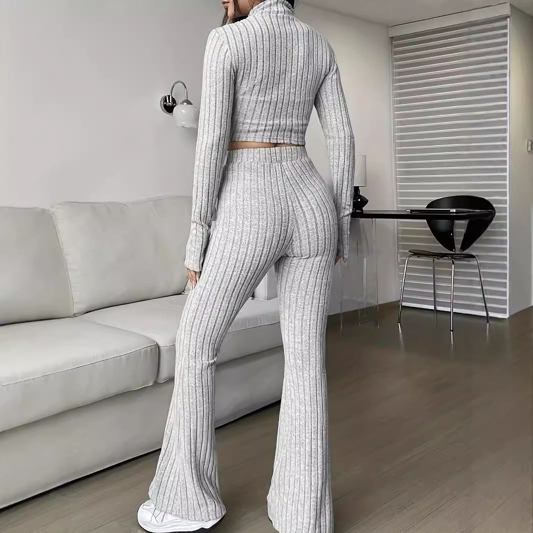 Damen Strick-Loungewear-Set mit cropped Oberteil und weit geschnittenen Hosen Sovae