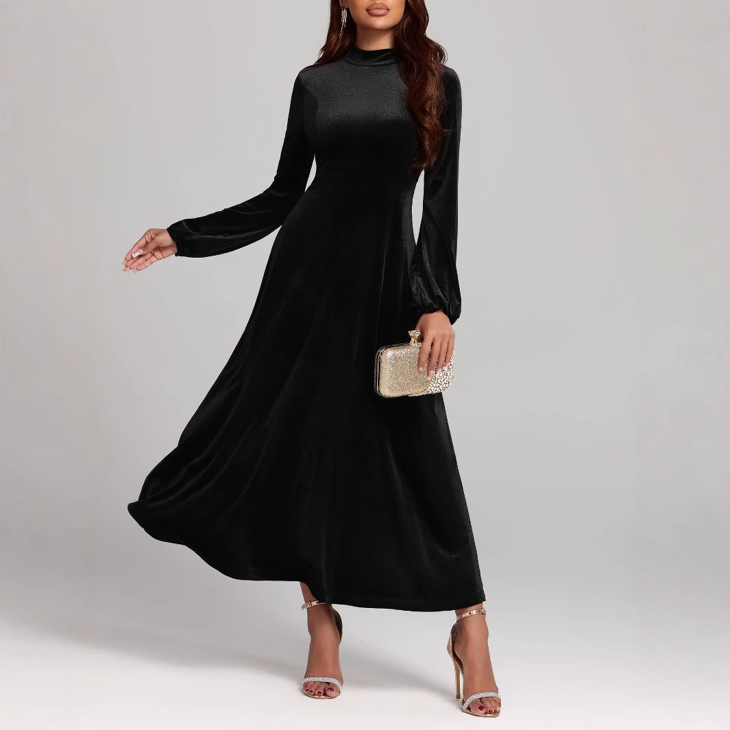 Damen elegantes Maxikleid aus hochwertigem Samt mit langem Arm und hohem Kragen Sovae