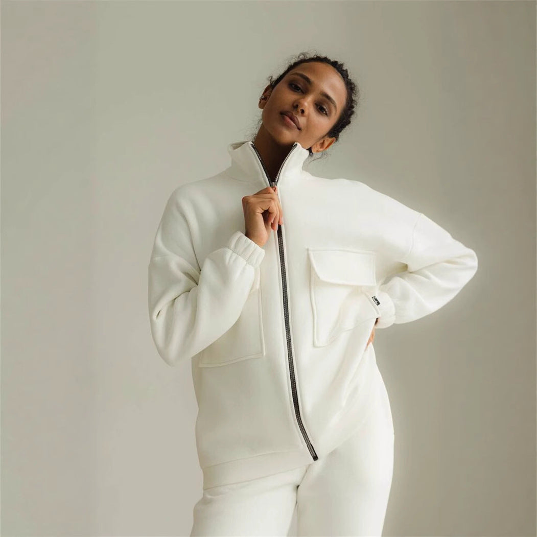 Damen sportlicher Fleece-Kapuzenpullover mit Reißverschluss und praktischen Taschen Sovae