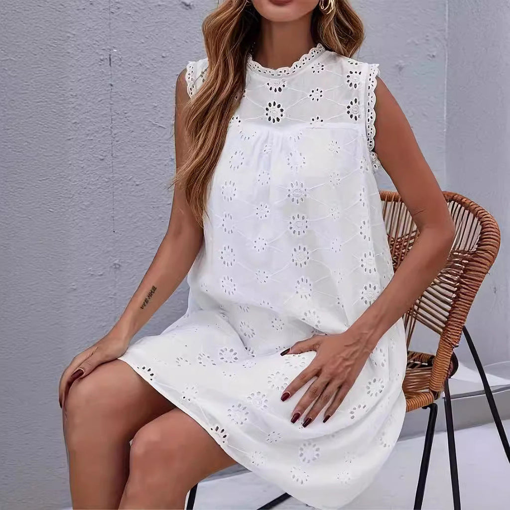 Damen Besticktes Lochmuster Tunika Kleid Sovae