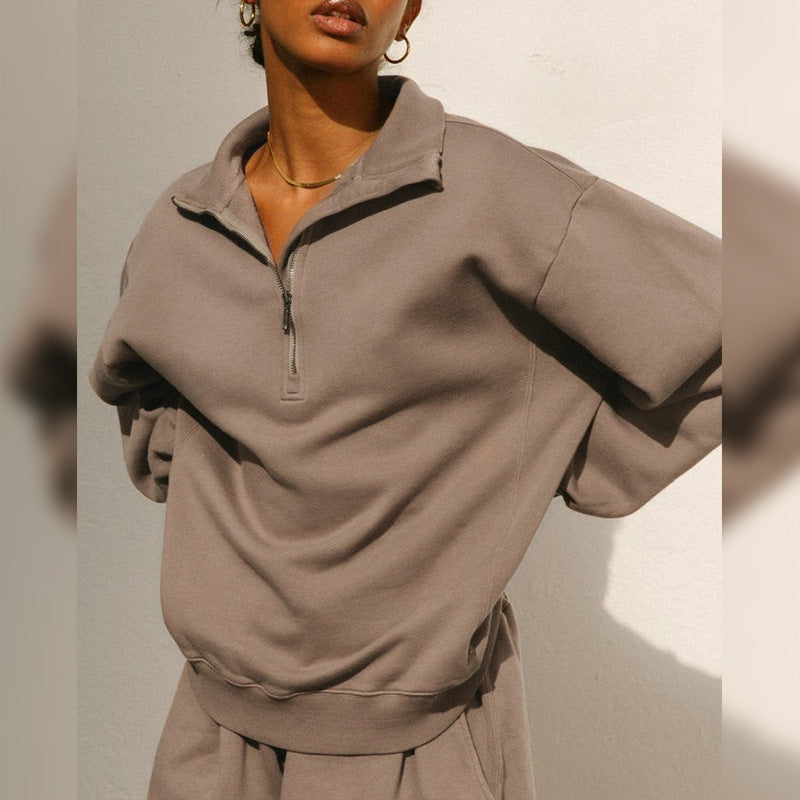 Damen lässiger Zip-Pullover mit hohem Kragen und weitem Schnitt Sovae