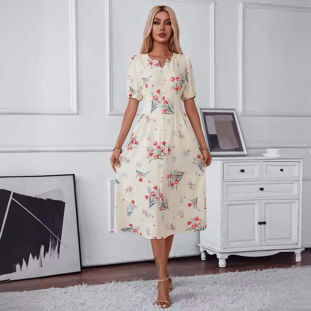 Damen Midi-Kleid mit floralen Motiven und Knopfleiste Sovae