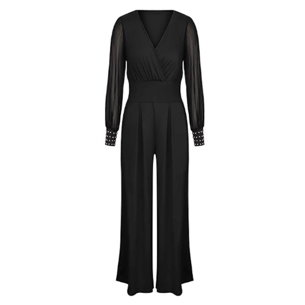 Damen Eleganter Jumpsuit mit transparenten Puffärmeln und modernem V-Ausschnitt Sovae