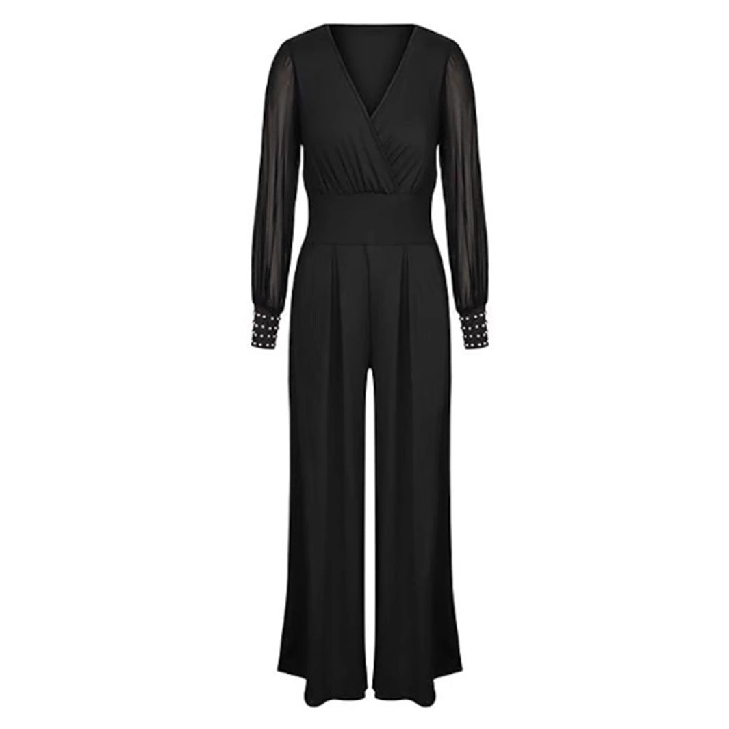 Damen Eleganter Jumpsuit mit transparenten Puffärmeln und modernem V-Ausschnitt Sovae