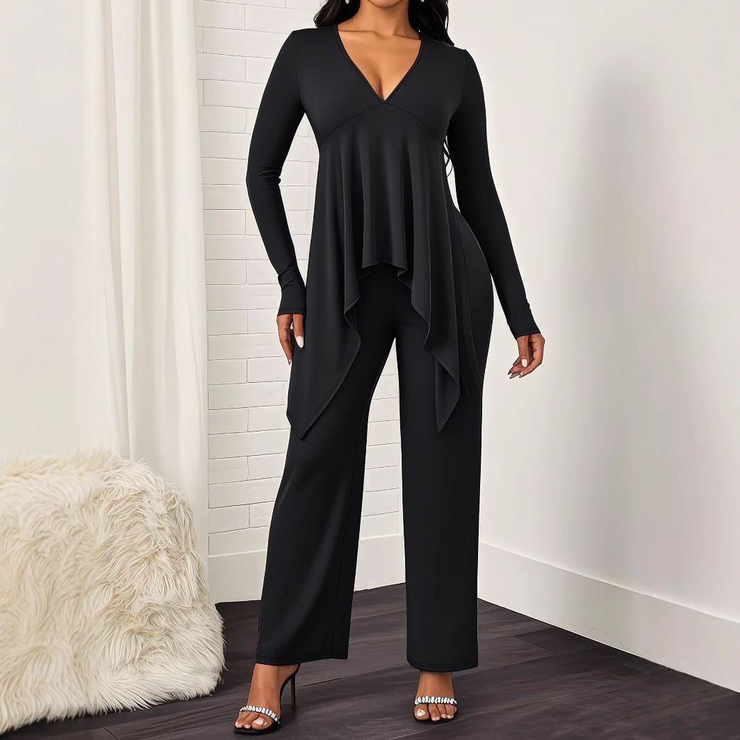 Damen elegantes Jumpsuit mit fließendem Oberteil und V-Ausschnitt Sovae