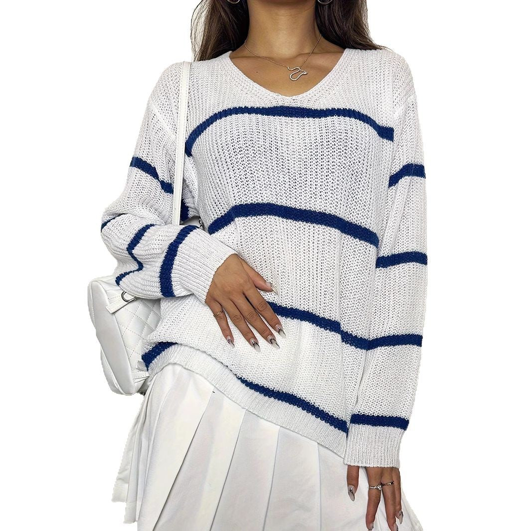 Damen lässiger Strickpullover mit Streifen Sovae