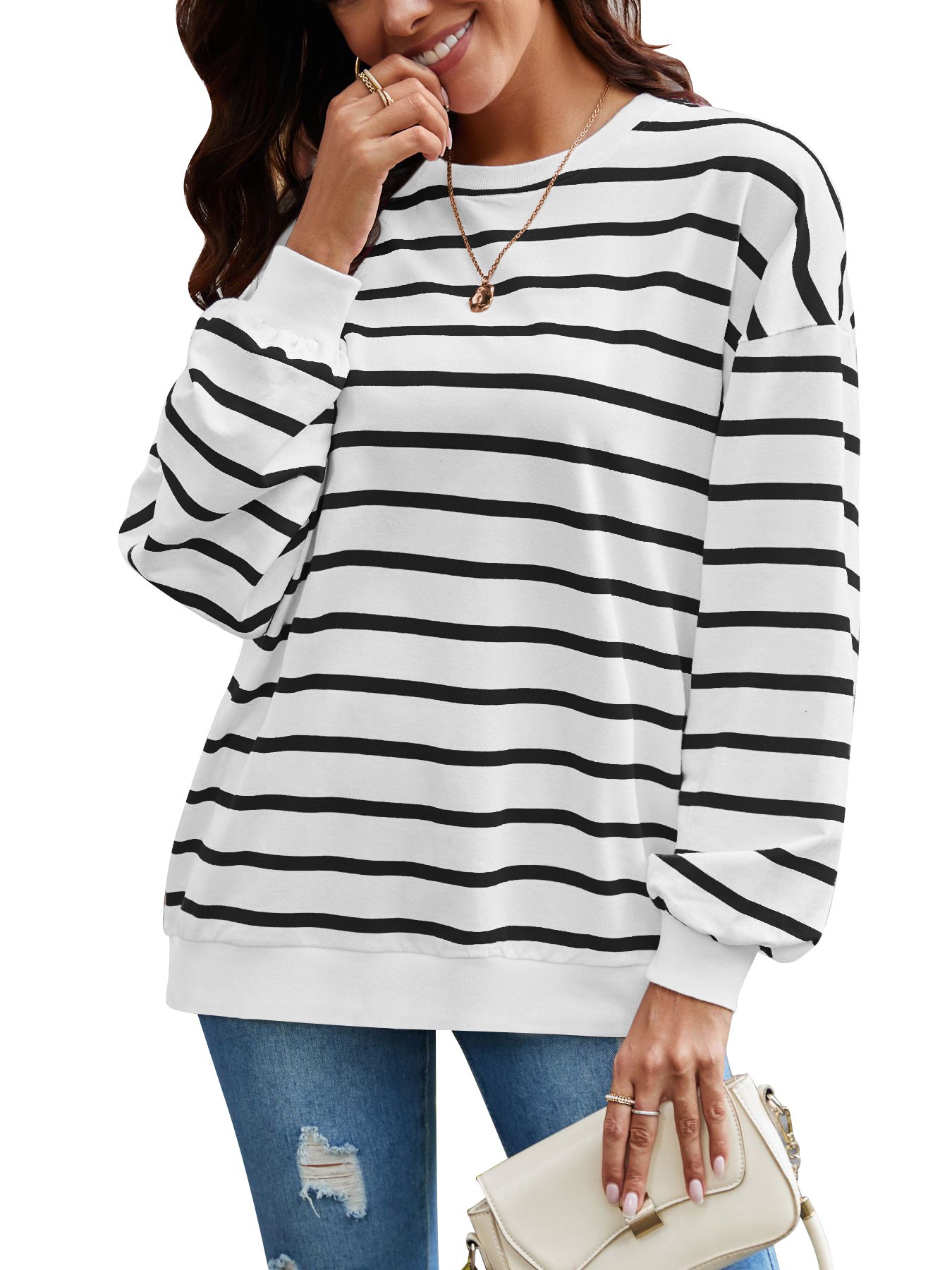 Damen gestreifter Pullover mit weitem Schnitt Sovae