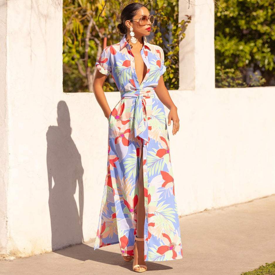 Damen Maxikleid mit elegantem Knopfverschluss und floralem Muster Sovae