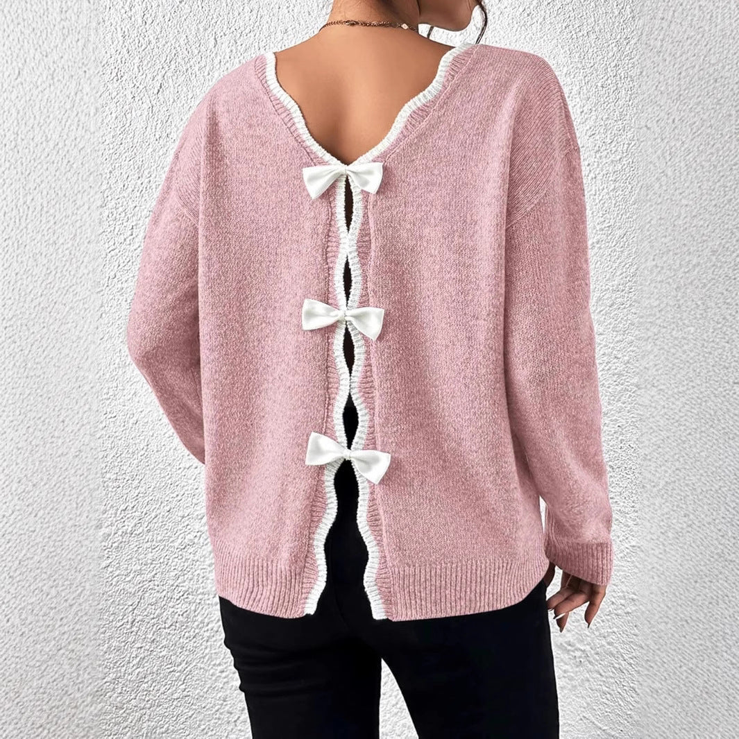 Damen gemütlicher Strickpullover mit dekorativen Schleifen Sovae
