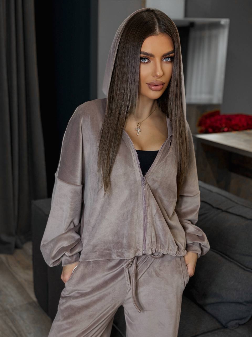 Damen Fleece-Cropped-Loungewear-Set mit weiten Hosen Sovae