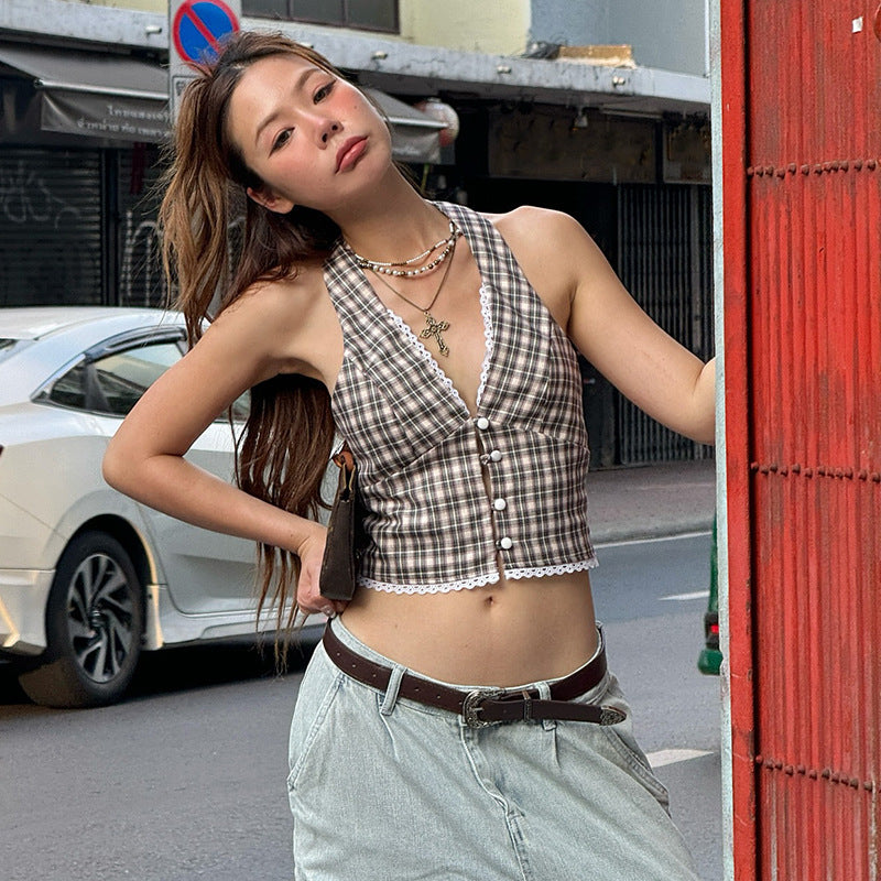 Damen Modisches Karo-Top mit Spitzenakzenten Sovae