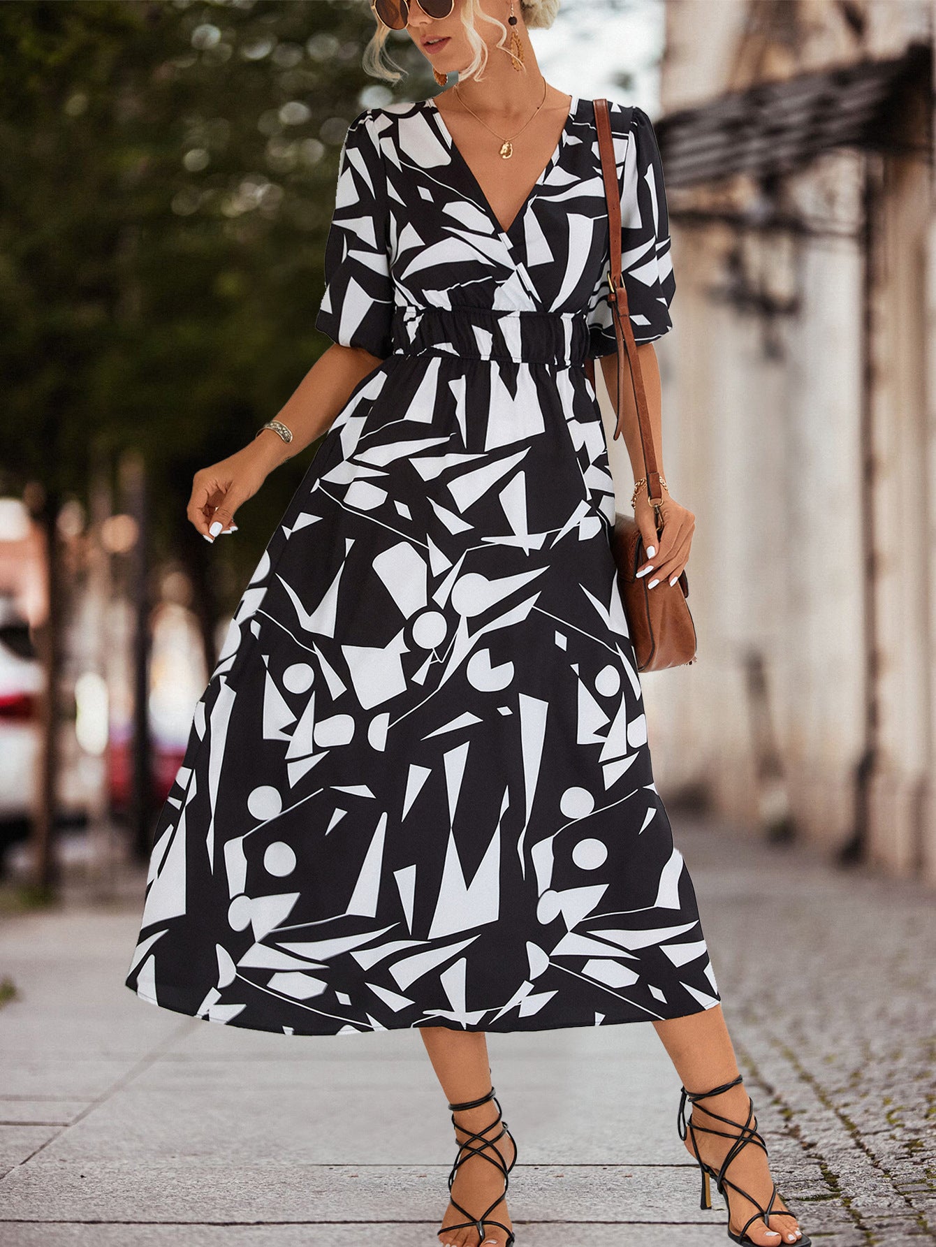 Damen Midikleid mit geometrischem Muster und elastischem Bund Sovae