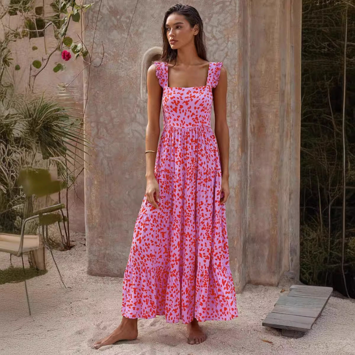 Damen luftiges Maxikleid mit buntem Blütenmuster und Rüschendetails Sovae