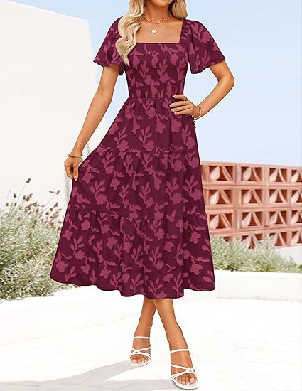 Damen Midi Kleid mit quadratischem Ausschnitt und Volantdetails Sovae