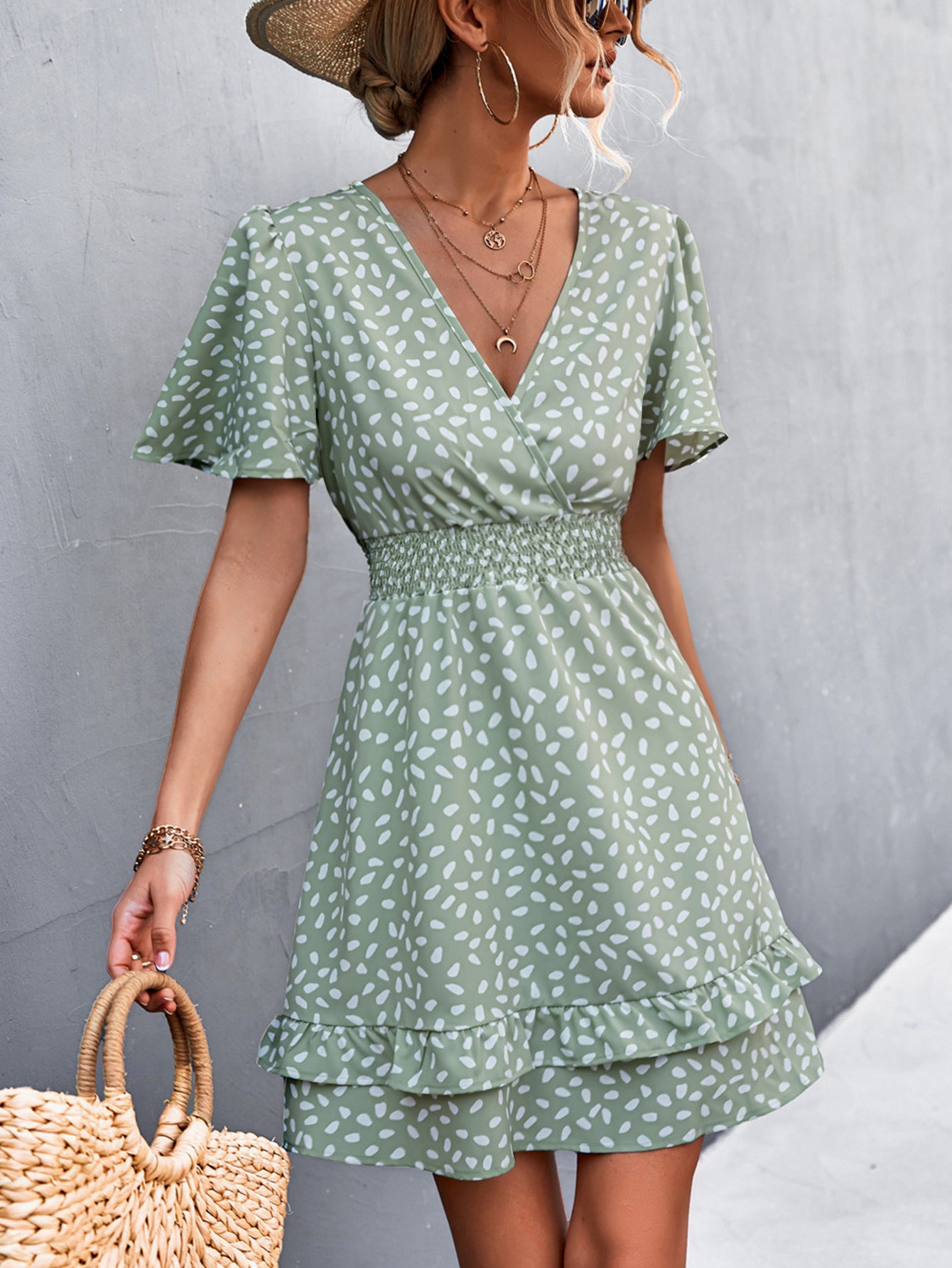 Damen Blümchen Minikleid mit Rüschen und elastischem Taillenbund Sovae