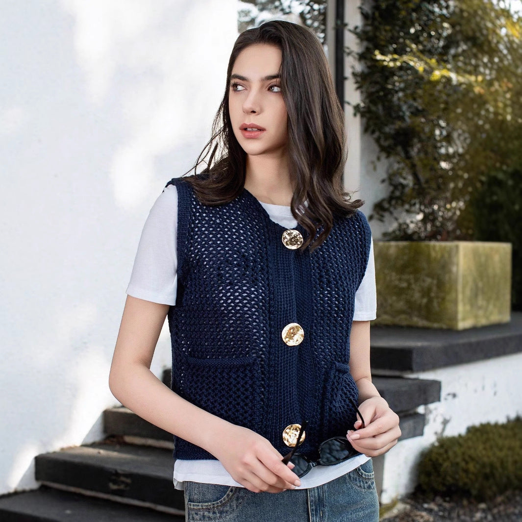 Damen Strickweste mit Taschen und dekorativen Knopfdetails Sovae