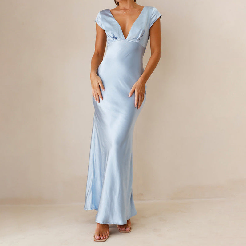 Damen elegantes Satin Maxikleid mit tiefem V-Ausschnitt Sovae