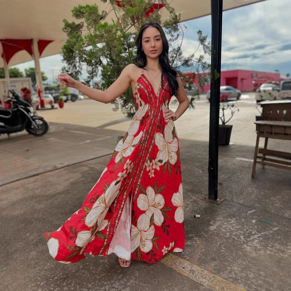 Damen Maxikleid mit handgefertigtem Blumenmuster Sovae