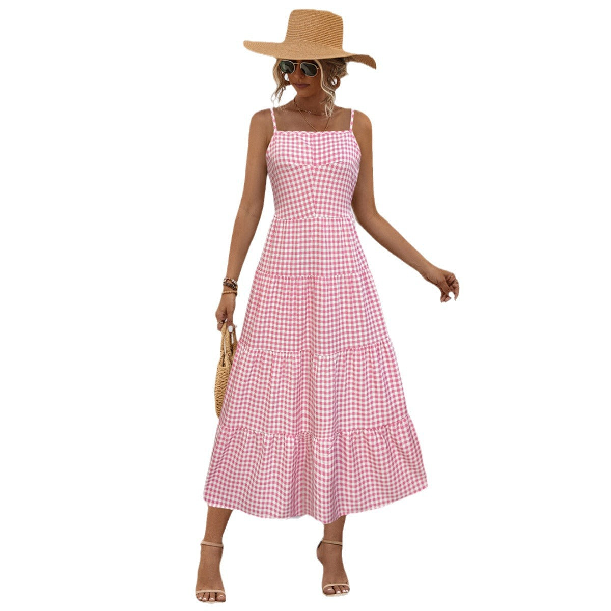Damen Maxikleid im karierten Design mit Taillenakzent und Rüschensaum Sovae