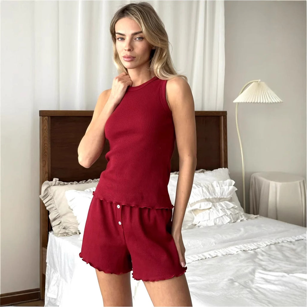 Damen lässiges Strick-Set aus ärmellosem Top und kurzer Hose Sovae