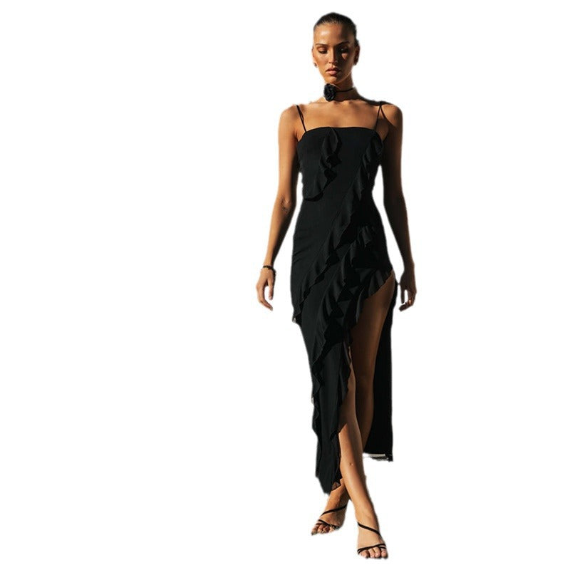 Damen elegantes Maxikleid mit asymmetrischem Schnitt und Rüschendetails Sovae