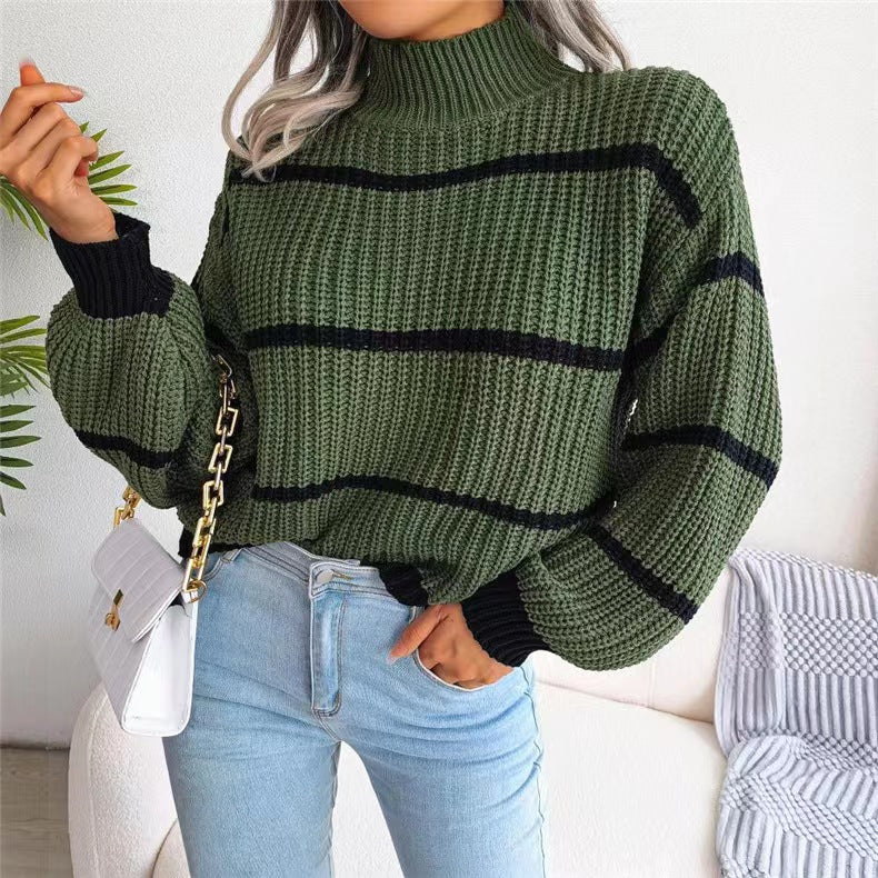 Damen Grobstrickpullover mit hohem Kragen und blockartigen Streifen Sovae