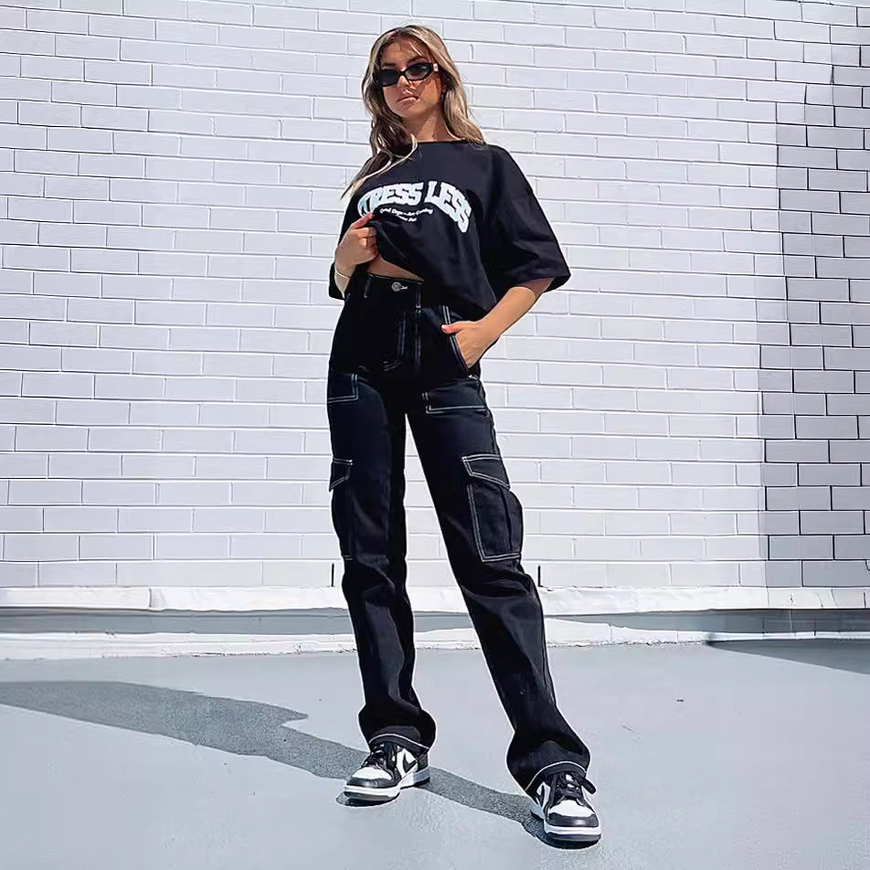 Damen lässige Cargo-Jeans mit tiefen Taschen und weitem Bein Sovae