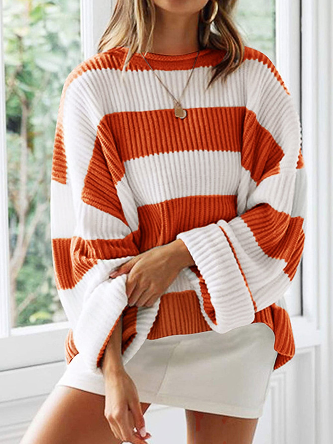 Damen gestreifter Strickpullover mit weitem Schnitt Sovae