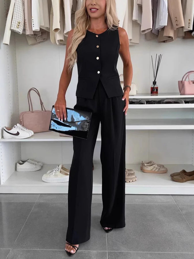 Damen elegantes Anzug-Set mit tailliertem Blazer und weiter Hose Sovae