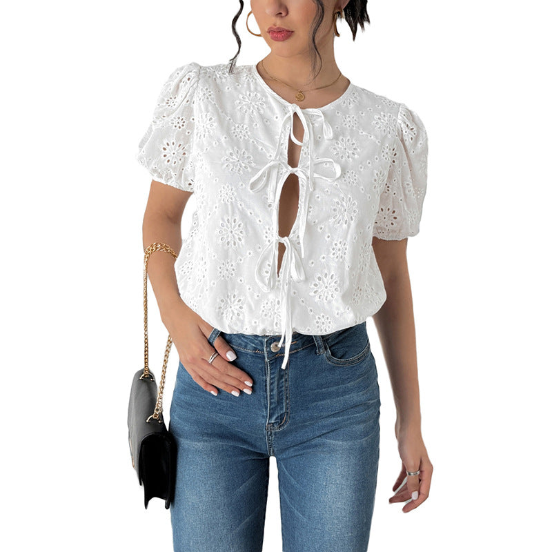 Damen Bluse mit Rüschen und raffiniertem Schnürdetail Sovae
