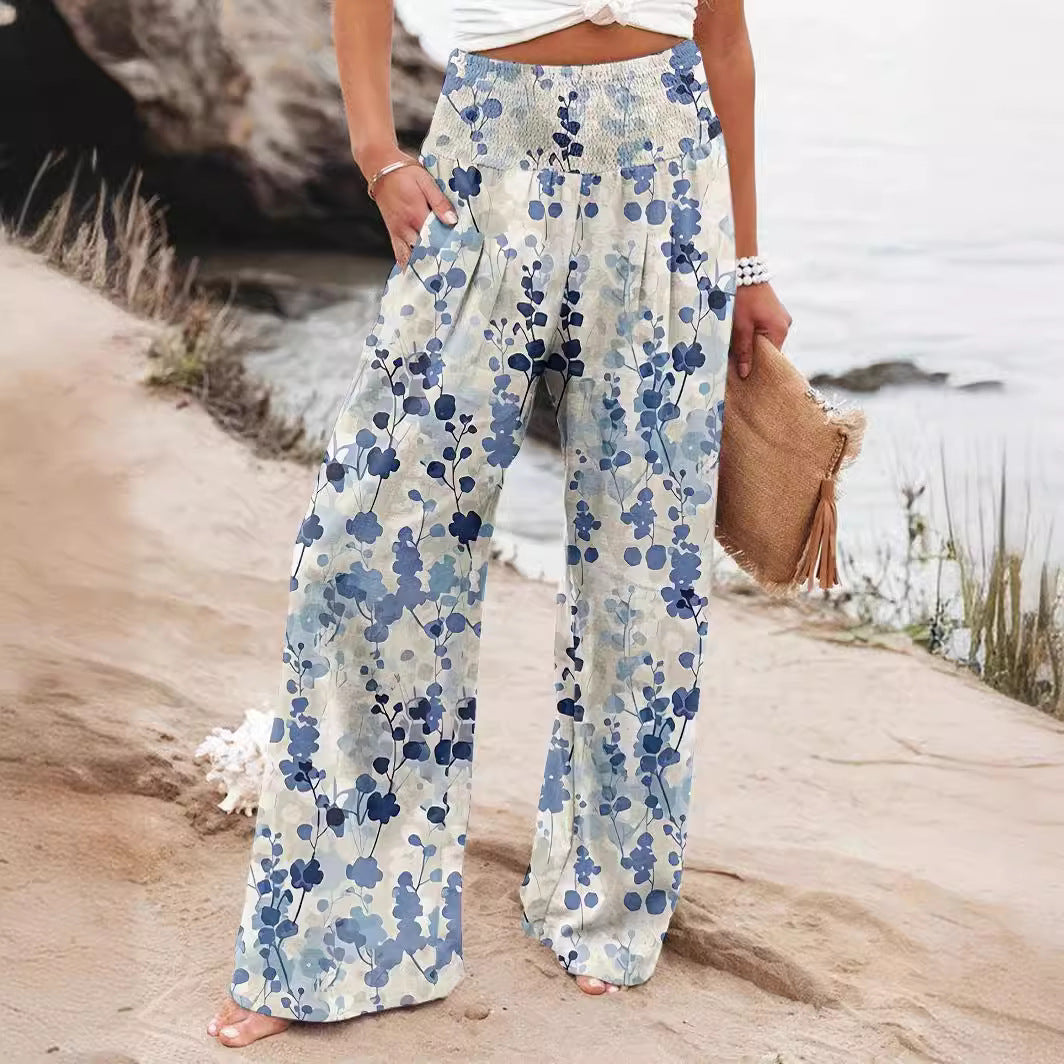 Damen Weit geschnittene Sommerhose mit floralem Print und elastischem Bund Sovae