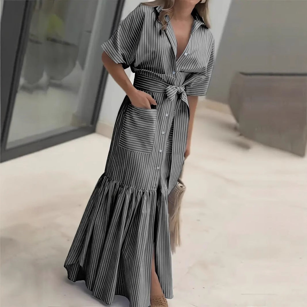 Damen Maxikleid mit Bindegürtel und Streifenmuster Sovae