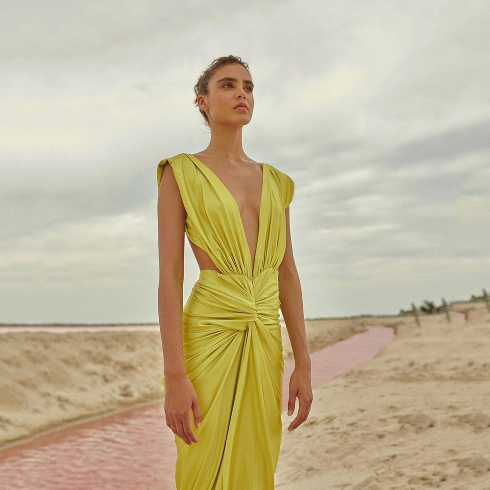 Damen luxuriöses Maxikleid mit tiefem V-Ausschnitt und seitlichem Schlitz Sovae