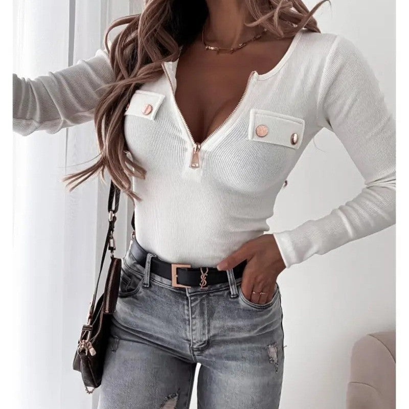 Damen Langarmshirt mit tiefem V-Ausschnitt und Reißverschluss Sovae