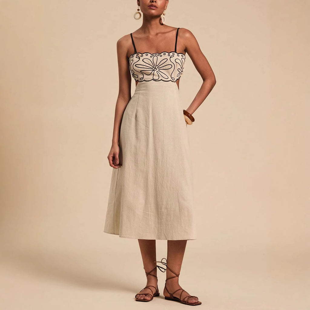 Damen Midikleid mit floralem Stickdesign und verstellbaren Trägern Sovae