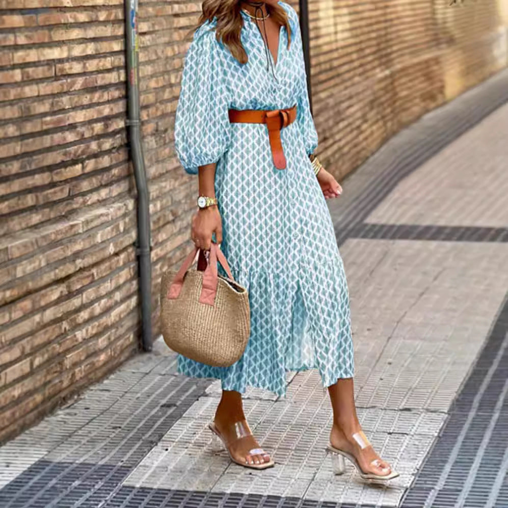 Damen Midi-Kleid mit eleganten Knopfdetails und voluminösen Ärmeln Sovae
