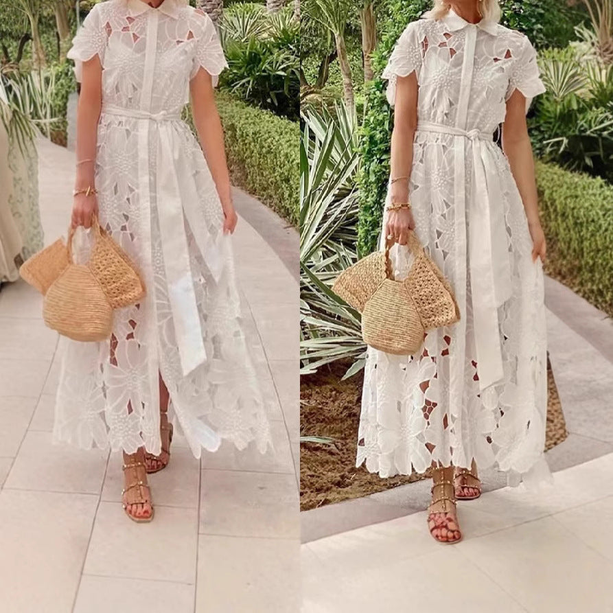 Damen Maxikleid mit floralen Spitzen und Bindegürtel Sovae