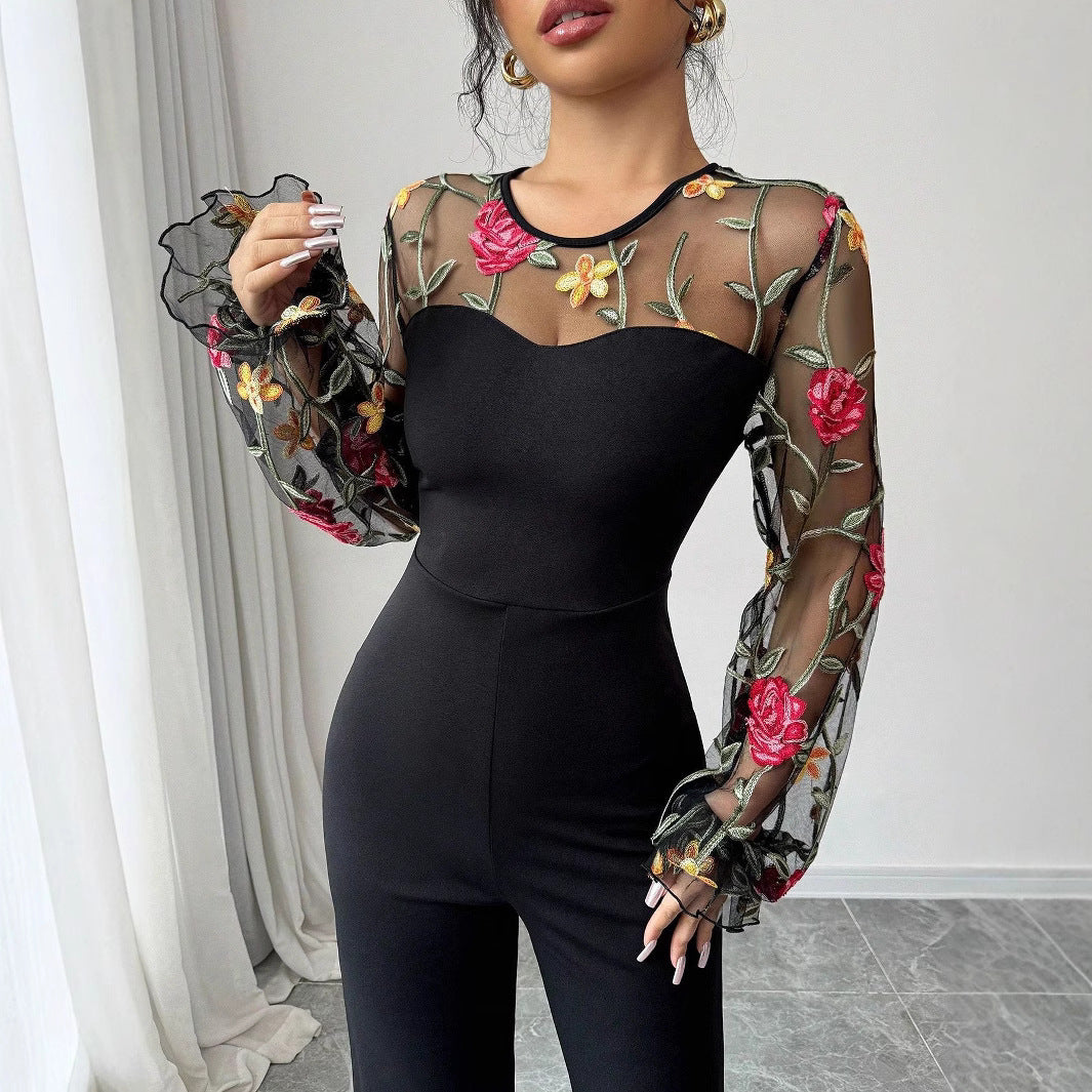 Damen Eleganter Jumpsuit mit bestickten transparenten Ärmeln Sovae